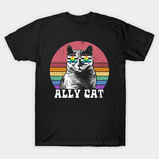 Ally Cat LGBT Rainbow Pride with Cool cat face wearing sunglasses T-Shirt by Thomas Mitchell Coney